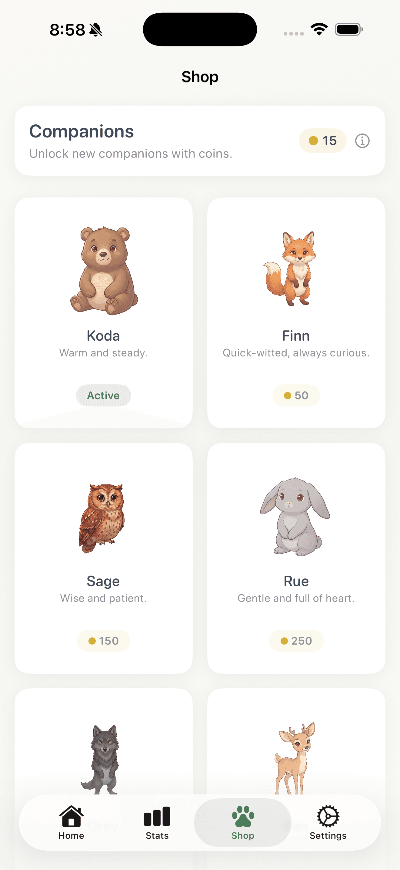 Koda shop – unlock companions with coins